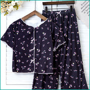 Tulips Ladies Crop T-Shirt Loungewear Pajama Set - Black