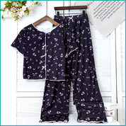 Tulips Ladies Crop T-Shirt Loungewear Pajama Set - Black