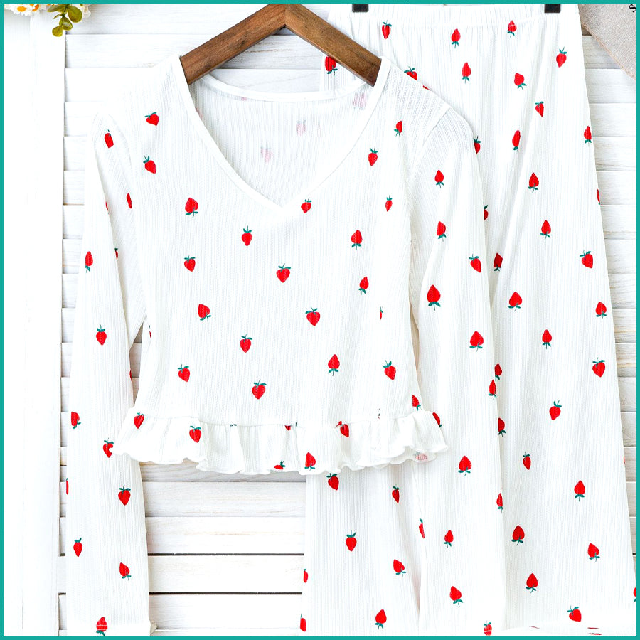 Strawberry Ladies Crop T-Shirt Loungewear Pajama Set - White