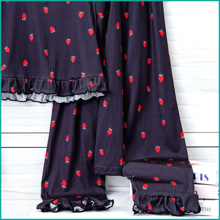 Strawberry Ladies Crop T-Shirt Loungewear Pajama Set - Black