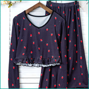 Strawberry Ladies Crop T-Shirt Loungewear Pajama Set - Black