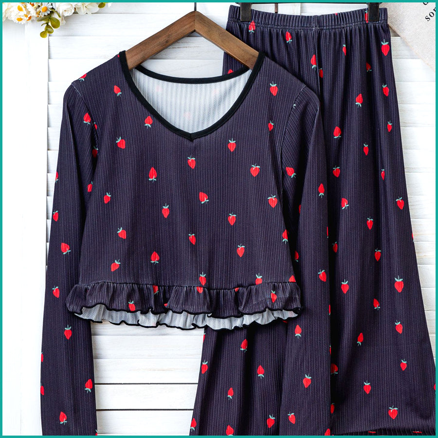 Strawberry Ladies Crop T-Shirt Loungewear Pajama Set - Black