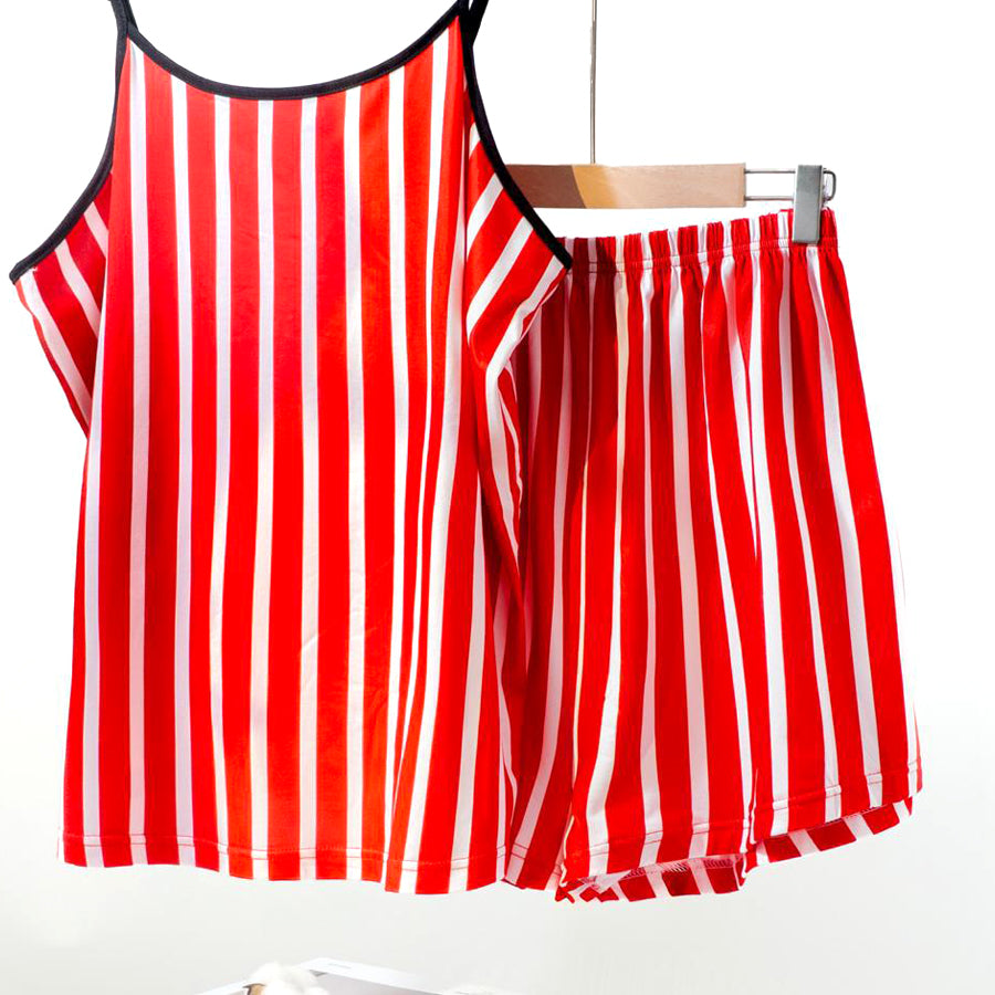 Strips Ladies Shorts Set Loungewear - Red