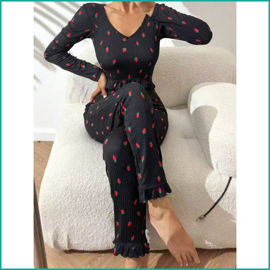Strawberry Ladies Crop T-Shirt Loungewear Pajama Set - Black