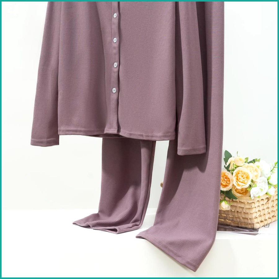 V-Neck Plain Full Sleeves Ladies Pajama Set - Purple