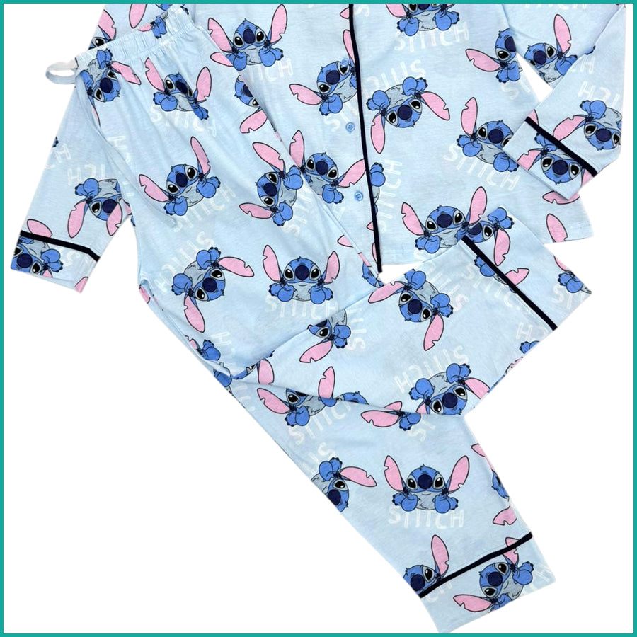 StitchLadies Cotton Front Open Pajama Set - Sky Blue