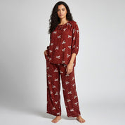 Bows Dots Ladies Linen Pajama Loungewear - Red