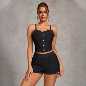 Plain Ladies Crop Top Shorts Set - Black
