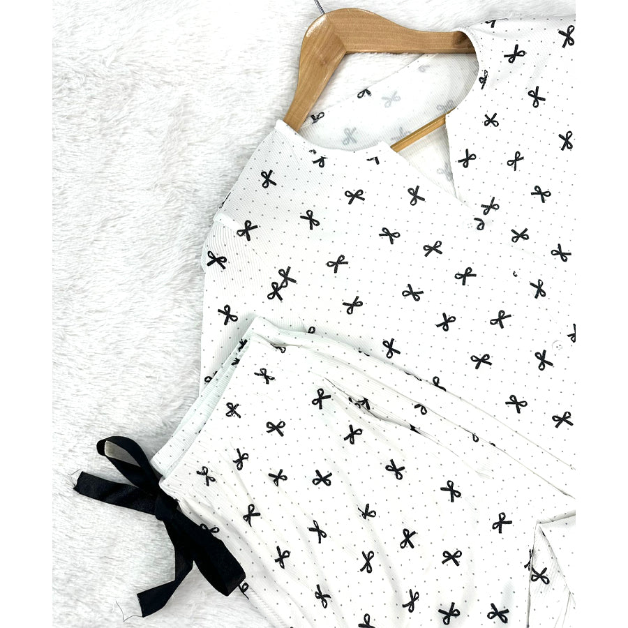 Mini Bow Dots Ladies Pajama Set - White