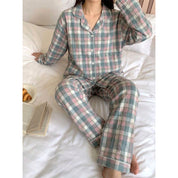 Checks Ladies Front Open Pajama Set - Pink Grey