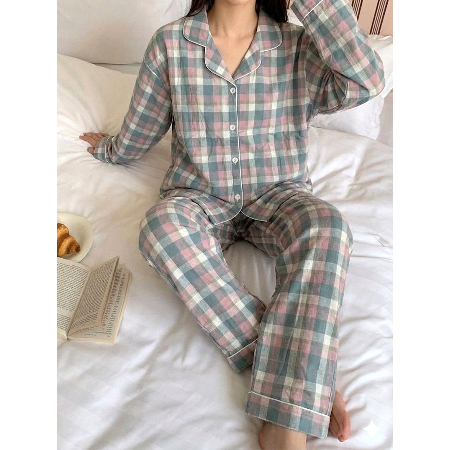 Checks Ladies Front Open Pajama Set - Pink Grey