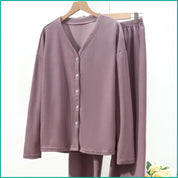 V-Neck Plain Full Sleeves Ladies Pajama Set - Purple