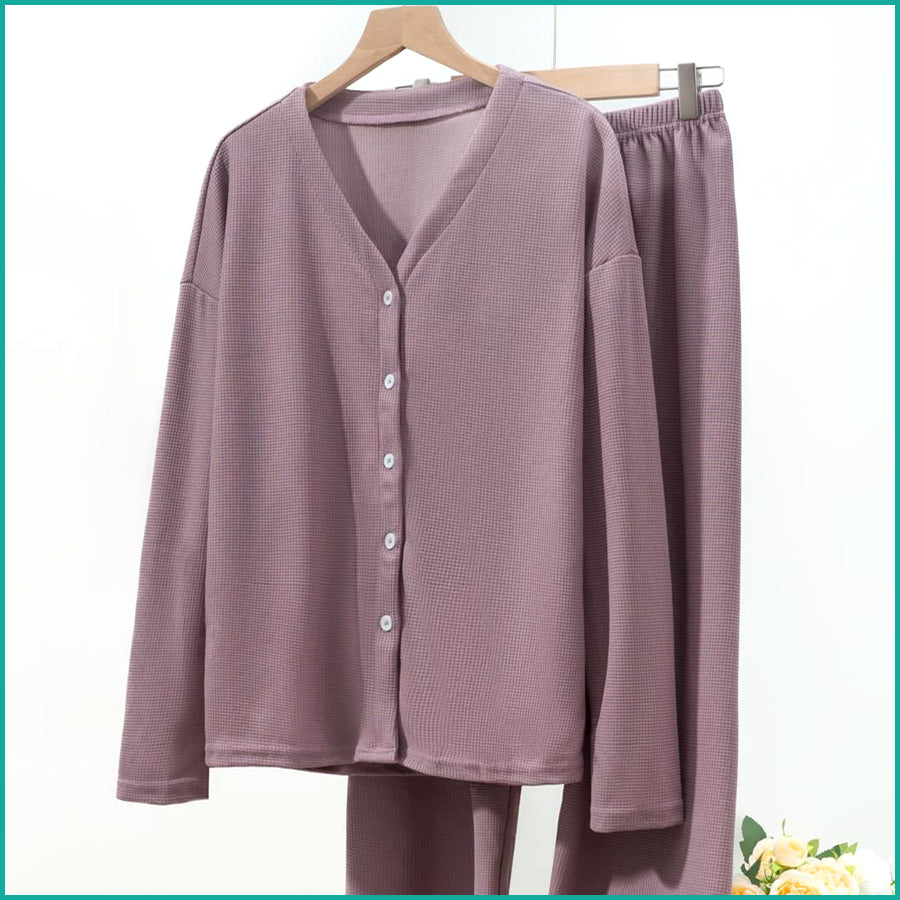 V-Neck Plain Full Sleeves Ladies Pajama Set - Purple