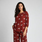 Bows Dots Ladies Linen Pajama Loungewear - Red