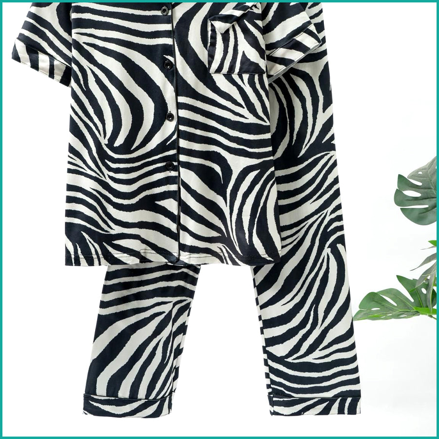 Zebra Print Ladies Front Open Pajama Set - White