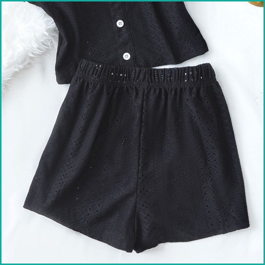 Plain Ladies Crop Top Shorts Set - Black
