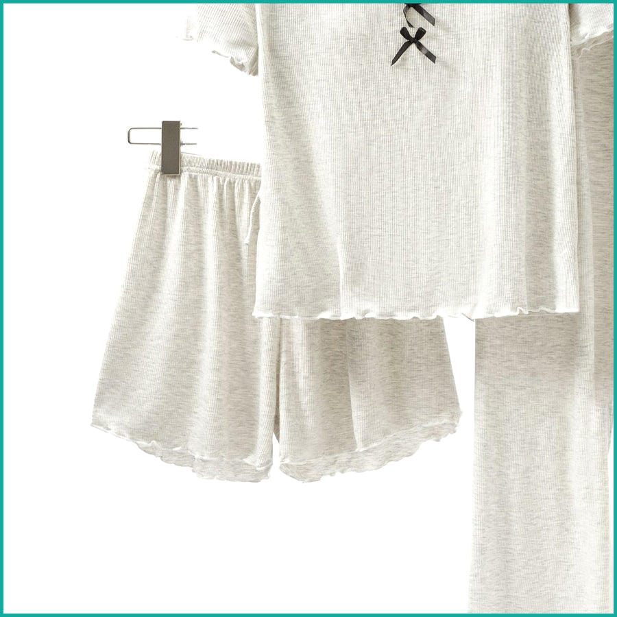 Ladies 3 Pcs Set Loungewear Pajama Set - Light Grey