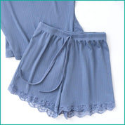 Plain 2 Buttons Ladies Shorts Set - Navy