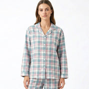 Checks Ladies Front Open Pajama Set - Pink Grey