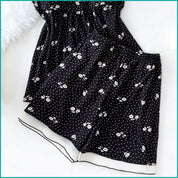 Black Cami and Shorts Set with Floral Polka Dot Print, Lace-Trimmed Neckline & Contrast Hem