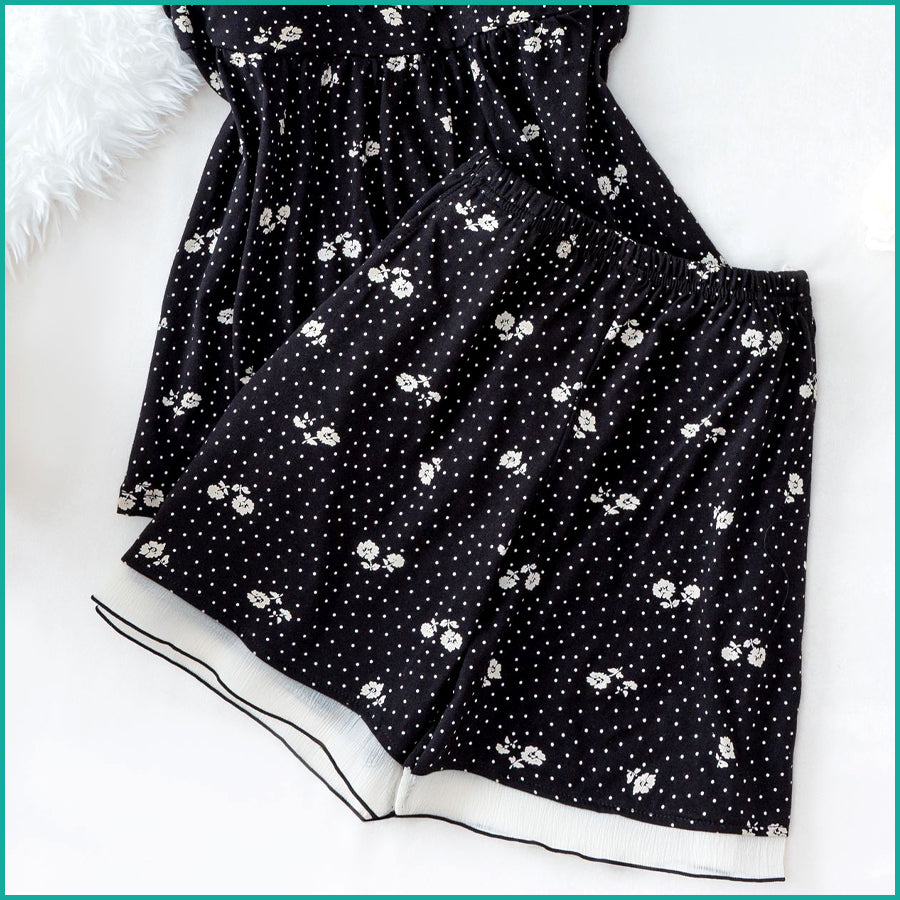 Black Cami and Shorts Set with Floral Polka Dot Print, Lace-Trimmed Neckline & Contrast Hem