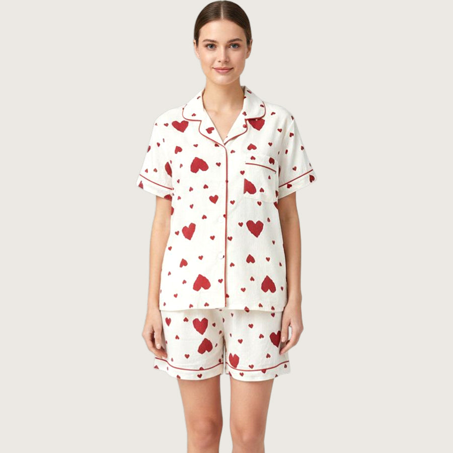 Heart Love Ladies 3 Pcs Pajama Set - White