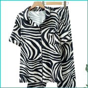 Zebra Print Ladies Front Open Pajama Set - White