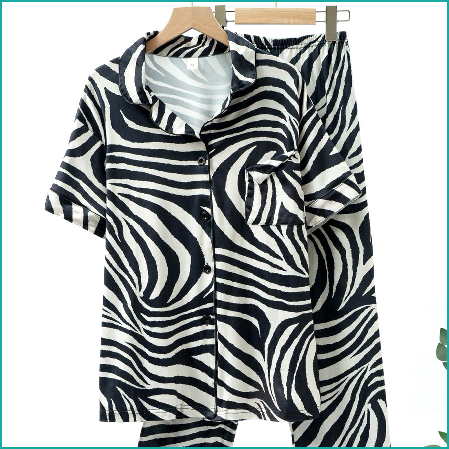 Zebra Print Ladies Front Open Pajama Set - White