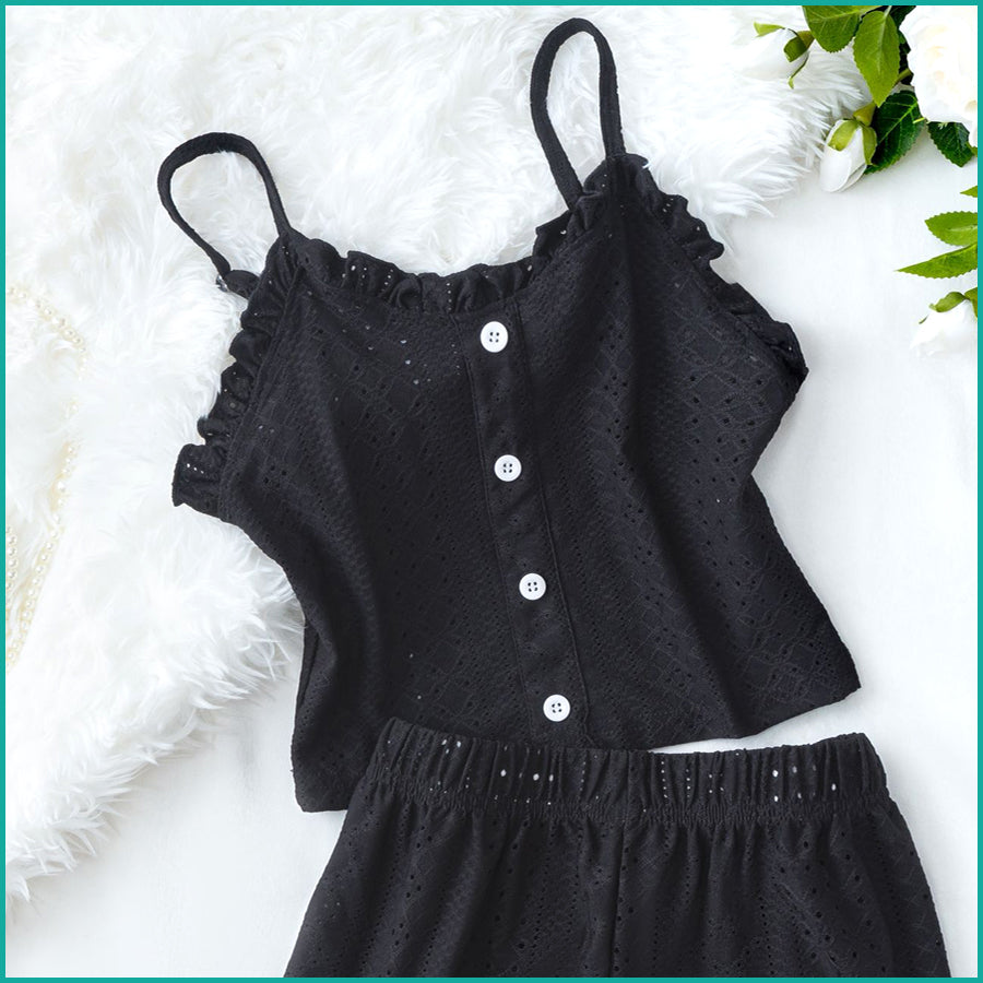 Plain Ladies Crop Top Shorts Set - Black