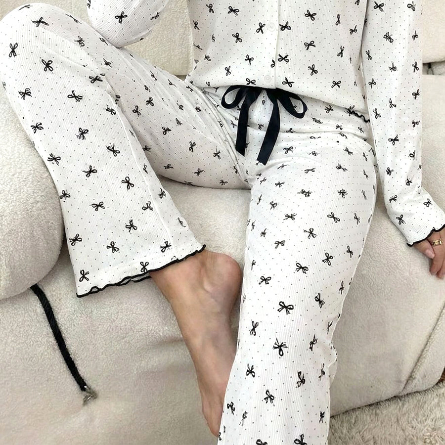 Mini Bow Dots Ladies Pajama Set - White