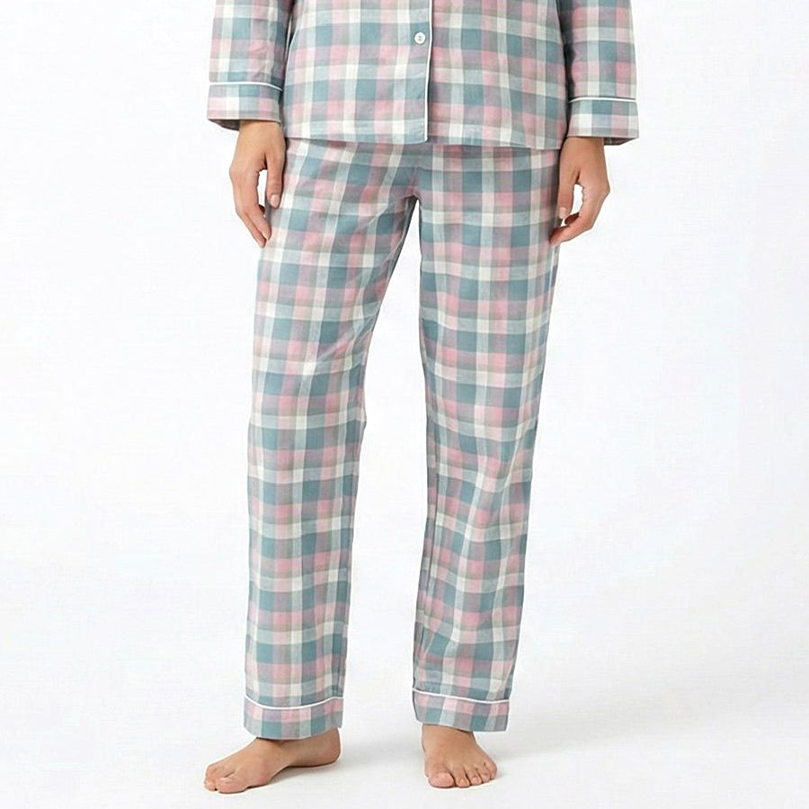 Checks Ladies Front Open Pajama Set - Pink Grey