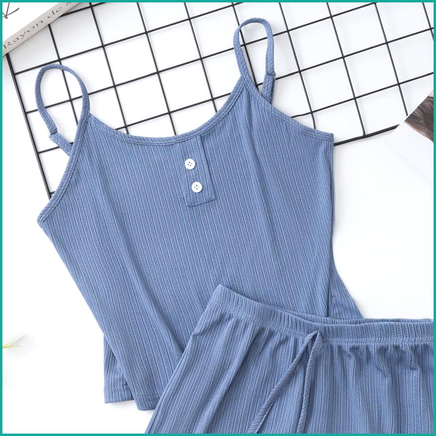 Plain 2 Buttons Ladies Shorts Set - Navy