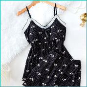 Black Cami and Shorts Set with Floral Polka Dot Print, Lace-Trimmed Neckline & Contrast Hem