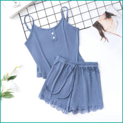 Plain 2 Buttons Ladies Shorts Set - Navy