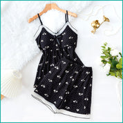 Black Cami and Shorts Set with Floral Polka Dot Print, Lace-Trimmed Neckline & Contrast Hem