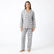 Checks Ladies Front Open Pajama Set - Pink Grey