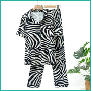 Zebra Print Ladies Front Open Pajama Set - White