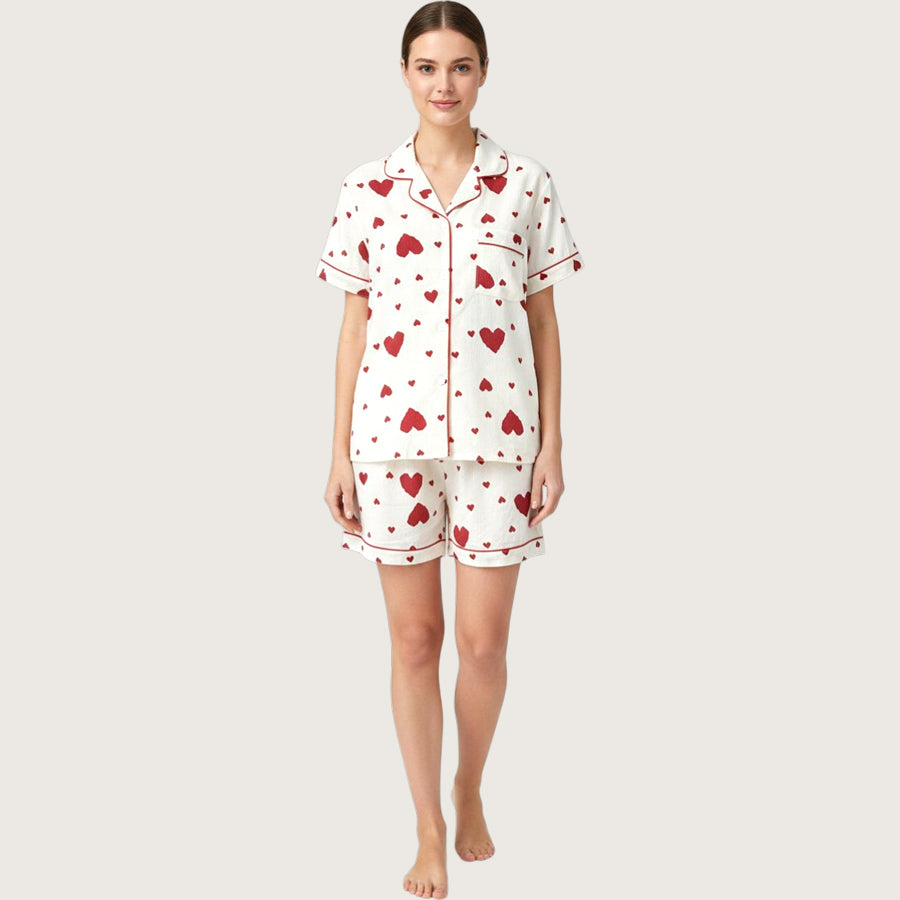 Heart Love Ladies 3 Pcs Pajama Set - White
