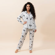 Short Bow Full Sleeves Pajama Set Fine Material - White