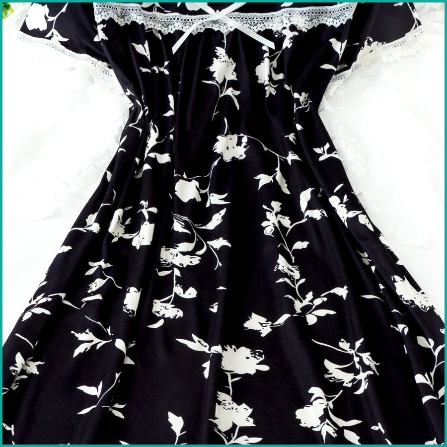 Ladies Cotton Nightgown with Lace Trim and Buttoned Neckline - Black