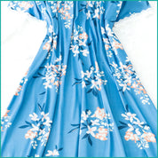 Floral Ladies Cotton Nightgown with Lace Neckline - Sky Blue