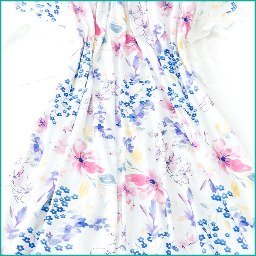 Floral Ladies Cotton Nightgown with Lace Neckline - White