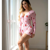 Strawberry Ladies Overall Pajama One Pcs Set - Pink