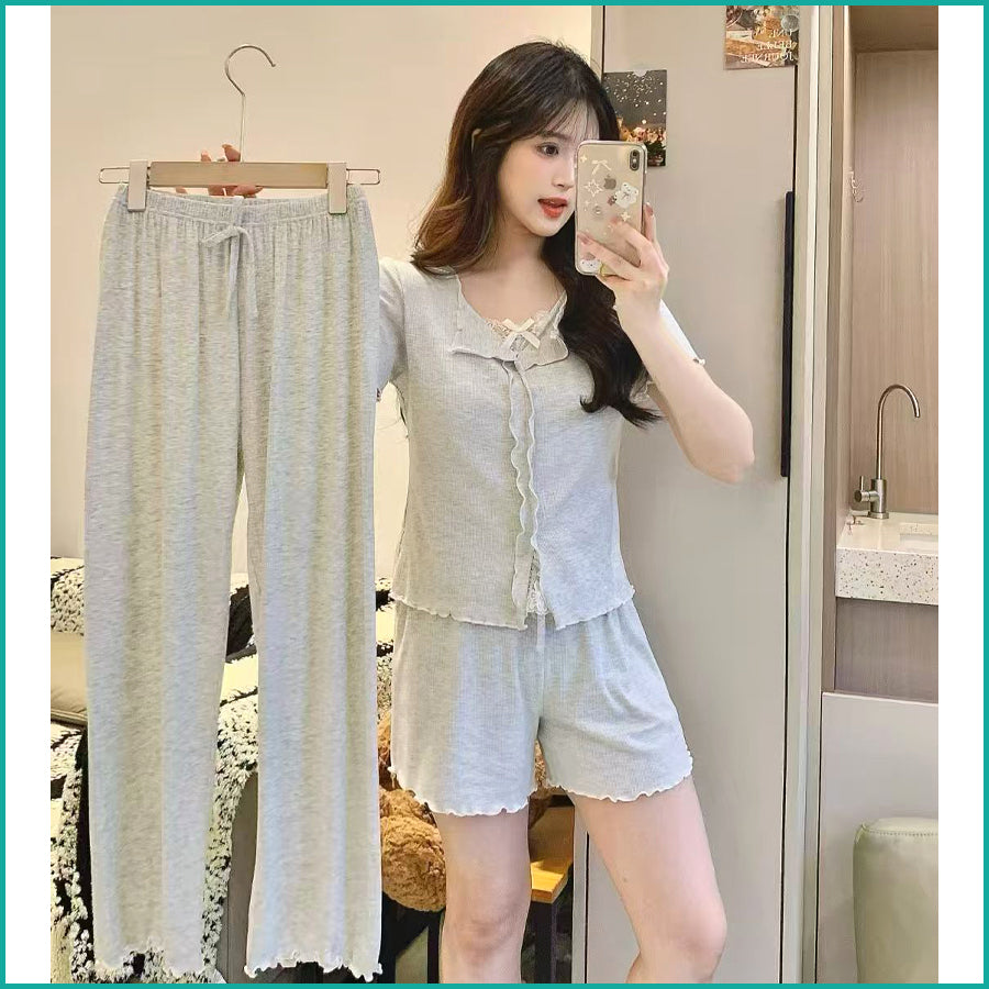 Ladies 3 Pcs Set Loungewear Pajama Set - Light Grey