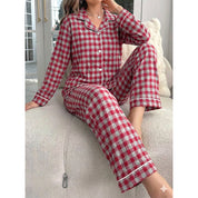 Checks Ladies Front Open Pajama Set - Red Grey