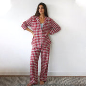 Checks Ladies Front Open Pajama Set - Red Grey