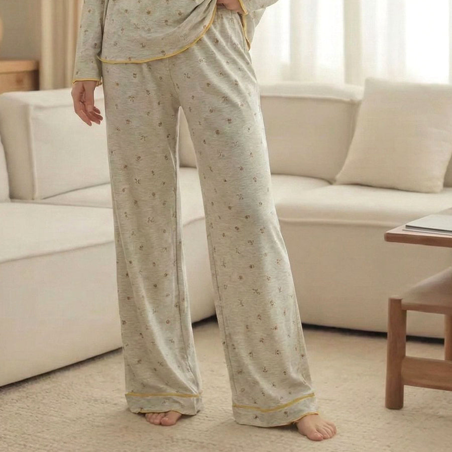 Mini Cute Flower Ladies Loungewear Pajama Set - Grey