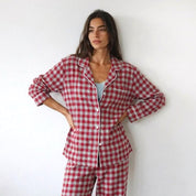 Checks Ladies Front Open Pajama Set - Red Grey