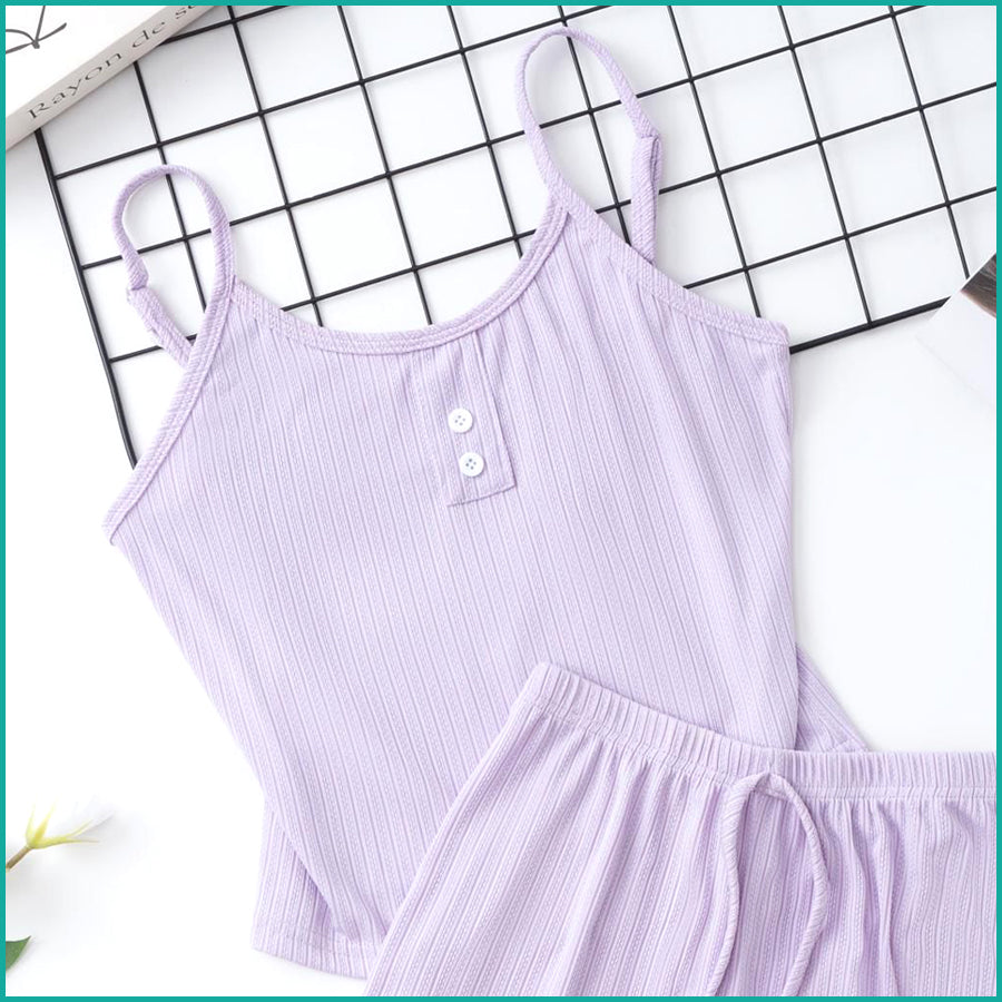 Plain 2 Buttons Ladies Shorts Set - Purple