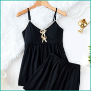 Black Cami and Shorts Set with Delicate Bow Detail and Lace-Trimmed Hem
